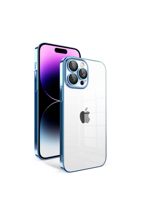 İphone 14 Pro Max Uyumlu Kamera Korumalı Renkli Çerçeveli Klfs Garaj Kılıf-Mavi Açık