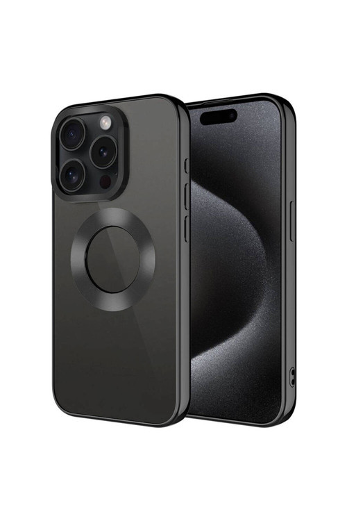 İphone 15 Pro Max Uyumlu Tek Kamera Çerçeveli Logo Gösteren Klfs Omega Kılıf-Siyah