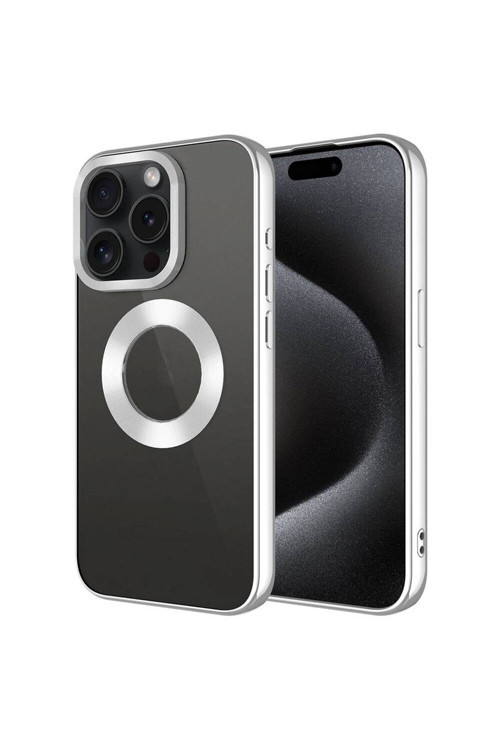 İphone 15 Pro Max Uyumlu Tek Kamera Çerçeveli Logo Gösteren Klfs Omega Kılıf-Gümüş