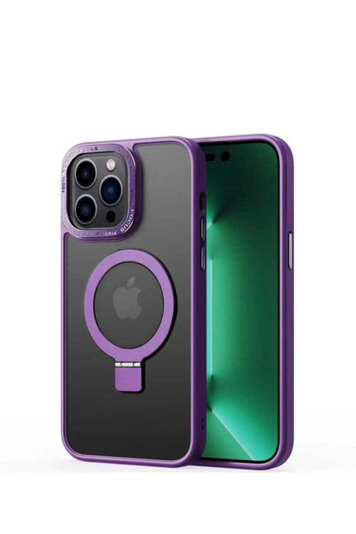 İphone 14 Pro Max Uyumlu Magsafe Wireless Şarj Özellikli Standlı Klfs Ting Kılıf-Derin Mor