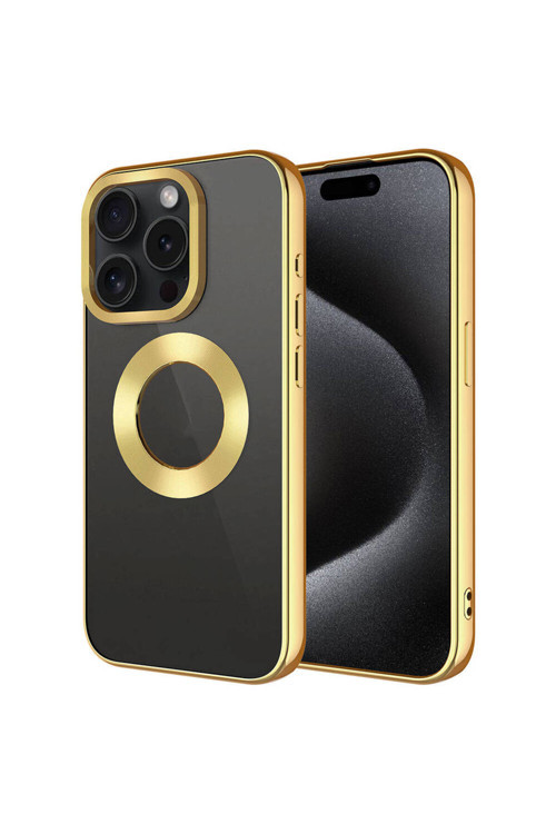 İphone 15 Pro Max Uyumlu Tek Kamera Çerçeveli Logo Gösteren Klfs Omega Kılıf-Gold