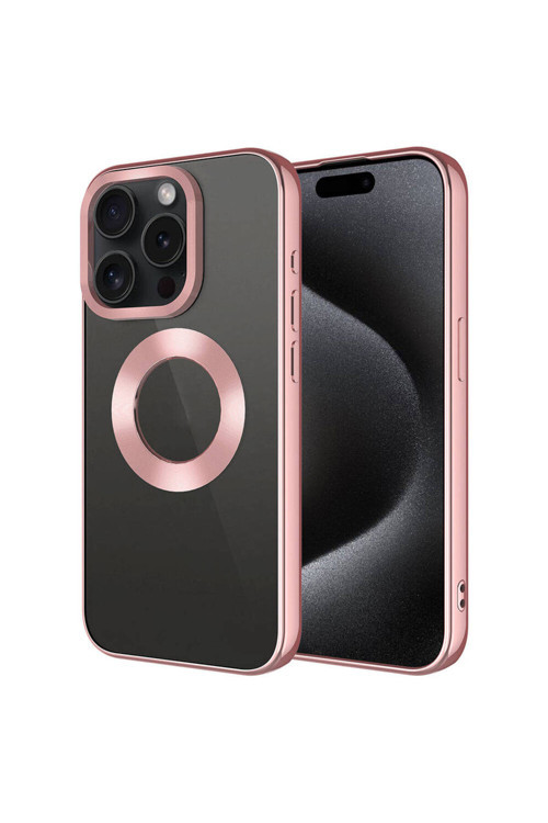 İphone 15 Pro Max Uyumlu Tek Kamera Çerçeveli Logo Gösteren Klfs Omega Kılıf-Rose Gold