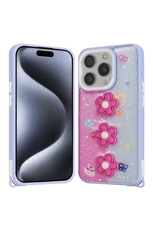 İphone 15 Pro Kılıf Parlayan Sıvılı Simli Kabartma Figürlü Klfs Cevze Kapak-Mor Ayı