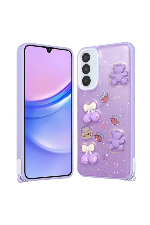 Galaxy A14 Kılıf Parlayan Sıvılı Simli Kabartma Figürlü Klfs Cevze Kapak-Pembe