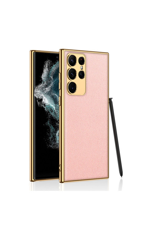 Galaxy S23 Ultra Uyumlu Deri Görünümlü Kenarları Elektroplating Kaplama Klfs Fizyon Kılıf-Pe
