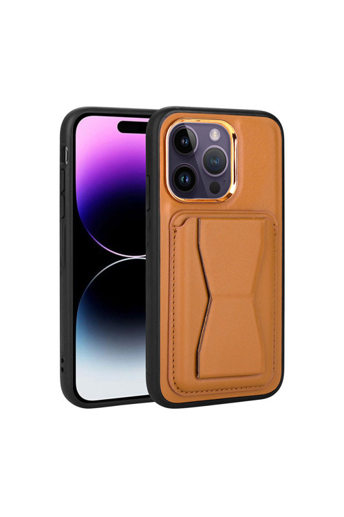 İphone 14 Pro Max Uyumlu Kartlıklı Standlı Pu Deri Klfs Memo Kılıf-Kahve Açık