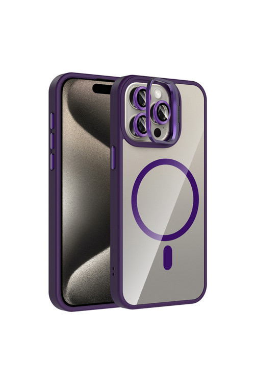 İphone 15 Pro Kılıf Standlı Ve Kamera Lens Hediyeli M-Safe Şarj Özellikli Klfs Etro Kapak - Derin Mo