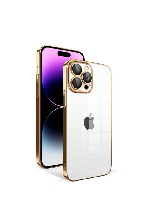 İphone 14 Pro Max Uyumlu Kamera Korumalı Renkli Çerçeveli Klfs Garaj Kılıf-Gold