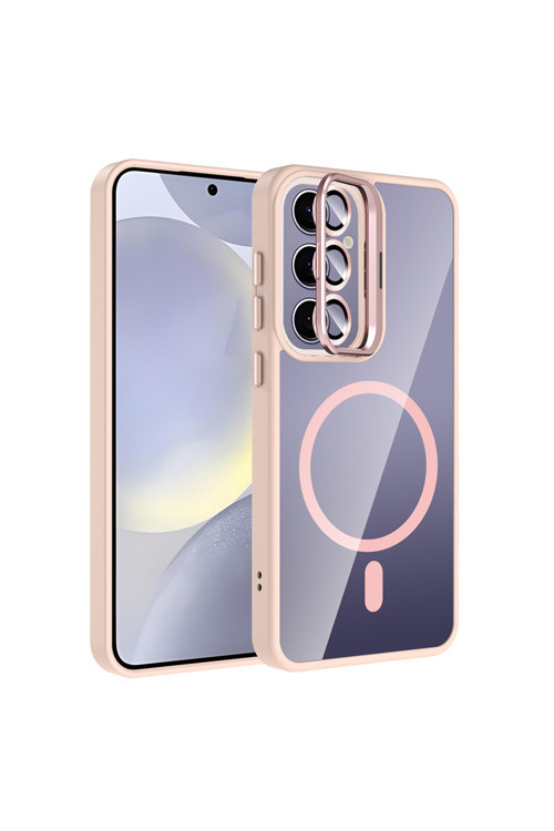 Galaxy S25 Plus Kılıf Standlı Ve Kamera Lens Hediyeli M-Safe Şarj Özellikli Klfs Etro Kapak - Pembe