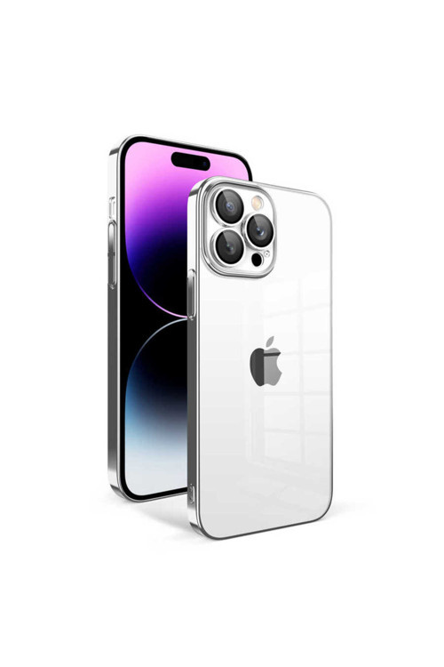 İphone 14 Pro Max Uyumlu Kamera Korumalı Renkli Çerçeveli Klfs Garaj Kılıf-Gümüş