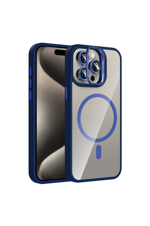 İphone 15 Pro Kılıf Standlı Ve Kamera Lens Hediyeli M-Safe Şarj Özellikli Klfs Etro Kapak - Lacivert