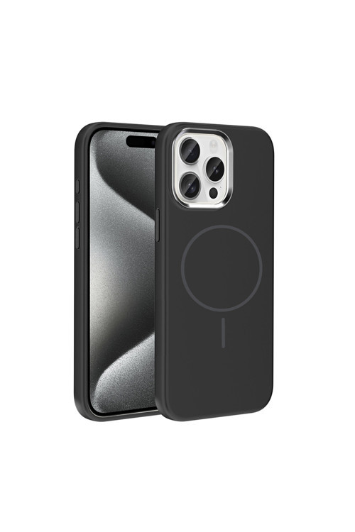 İphone 15 Pro Max Kılıf M-Safe Şarj Özellikli Metal Kamera Çerçeveli Klfs Edi Silikon Kapak - Siyah