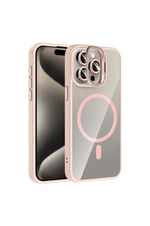 İphone 15 Pro Kılıf Standlı Ve Kamera Lens Hediyeli M-Safe Şarj Özellikli Klfs Etro Kapak - Pembe