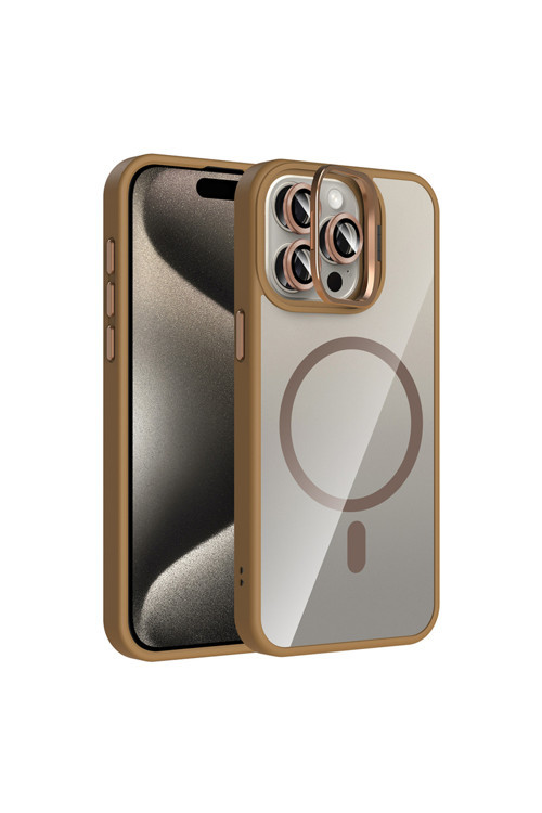 İphone 15 Pro Kılıf Standlı Ve Kamera Lens Hediyeli M-Safe Şarj Özellikli Klfs Etro Kapak - Desert T