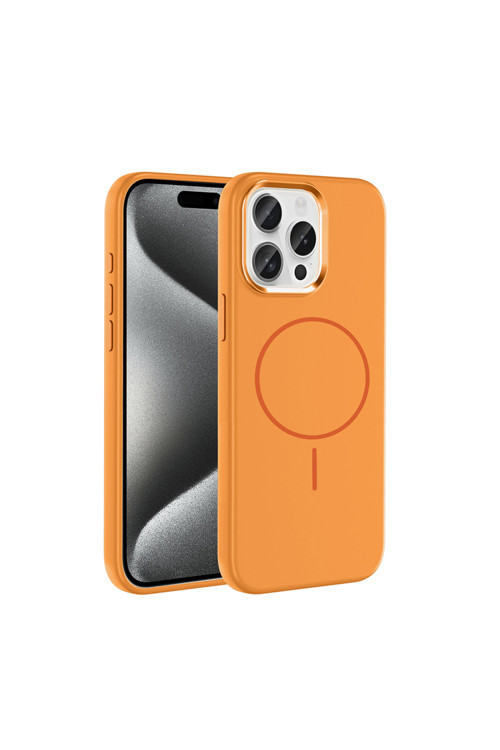 İphone 15 Pro Max Kılıf M-Safe Şarj Özellikli Metal Kamera Çerçeveli Klfs Edi Silikon Kapak - Turunc