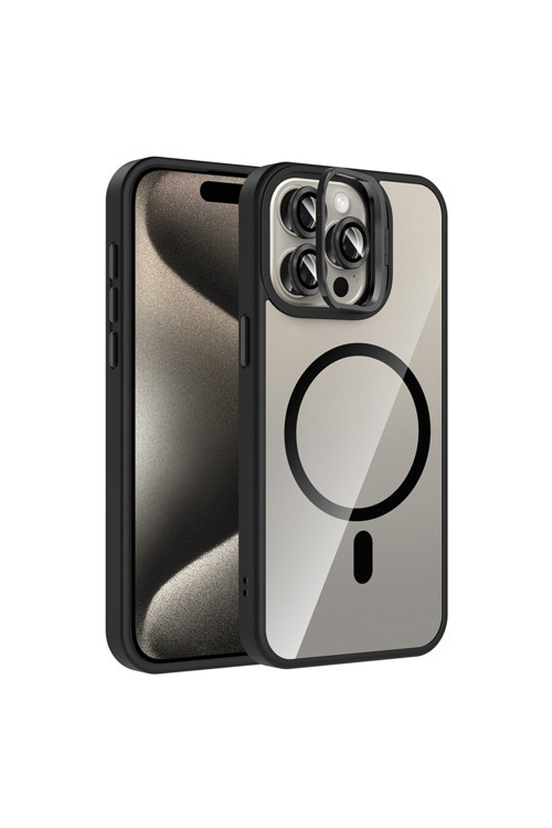 İphone 15 Pro Kılıf Standlı Ve Kamera Lens Hediyeli M-Safe Şarj Özellikli Klfs Etro Kapak - Siyah