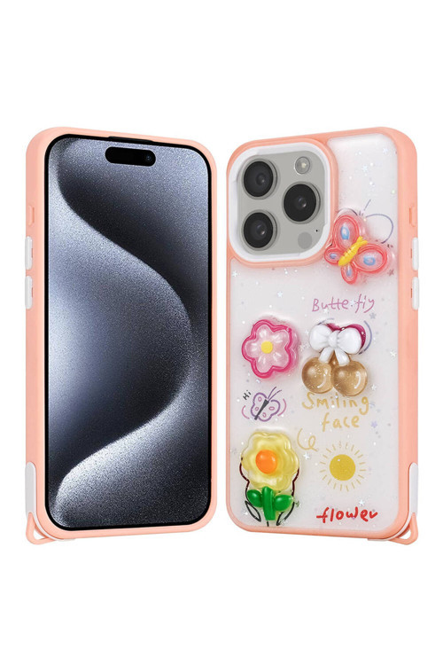 İphone 15 Pro Kılıf Parlayan Simli Kabartma Figürlü Klfs Cevze Kapak - Pembe
