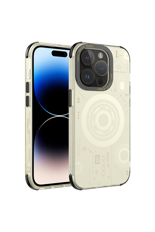 İphone 14 Pro Max Uyumlu Klfs Wireless Şarj Özellikli Desenli Hot Kılıf-Gold