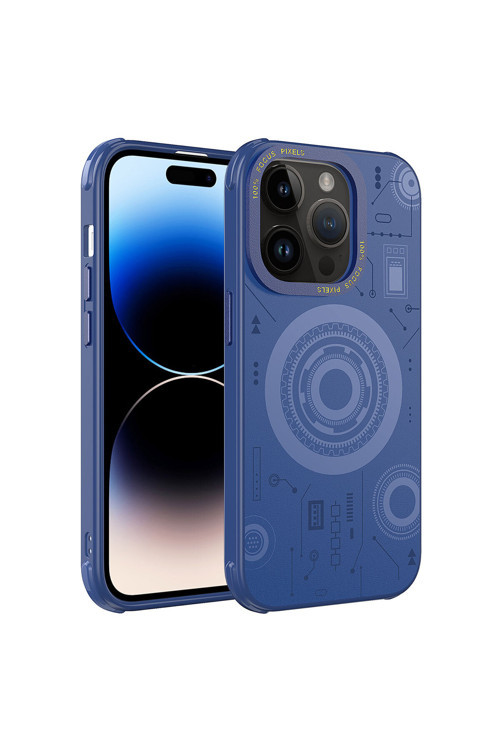 İphone 14 Pro Max Uyumlu Klfs Wireless Şarj Özellikli Desenli Hot Kılıf-Lacivert