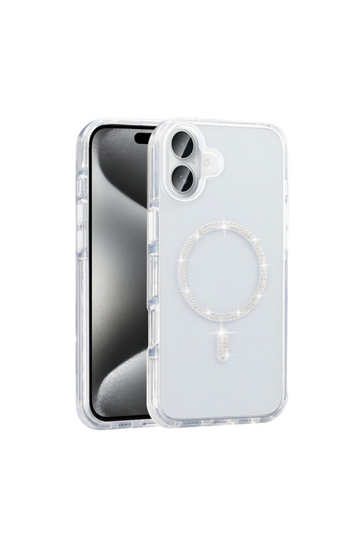 İphone 16 Pro Max Kılıf Taşlı Tasarım M-Safe Şarj Özellikli Zore Koment Silikon Kapak - Gümüş