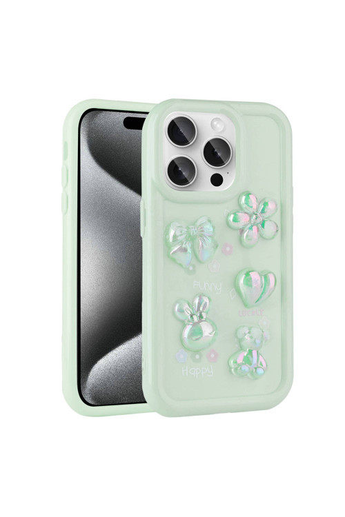 İphone 14 Pro Max Uyumlu Kabartma Figürlü Parlak Klfs Toys Silikon Kılıf-Açık Yeşil