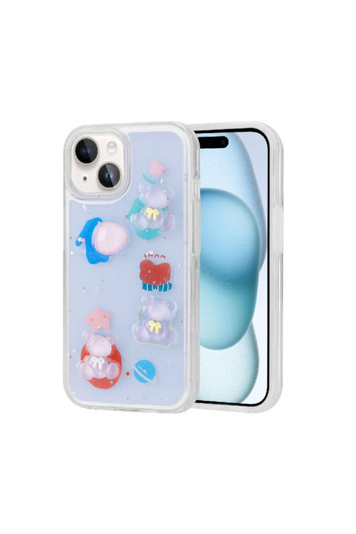 İphone 15 Plus Uyumlu Kabartma Figürlü Parlak Klfs Minimini Silikon Kılıf-Mor
