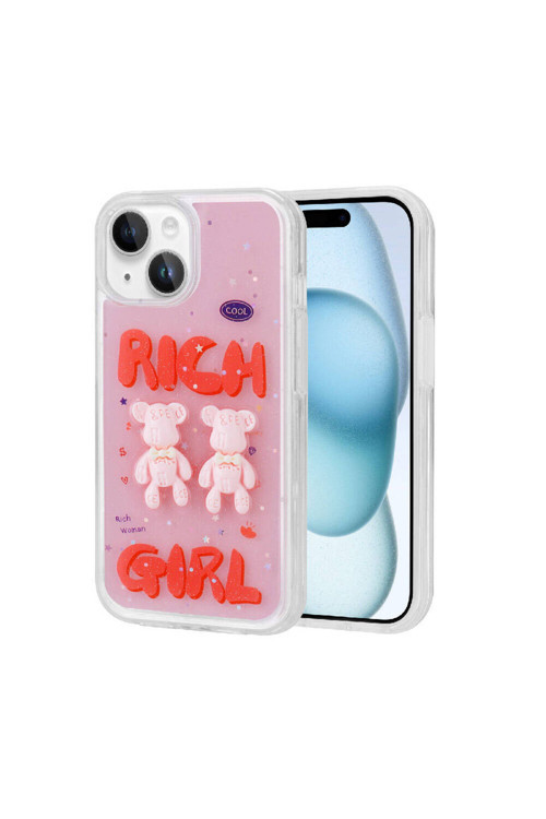 İphone 15 Plus Uyumlu Kabartma Figürlü Parlak Klfs Minimini Silikon Kılıf-Kırmızı