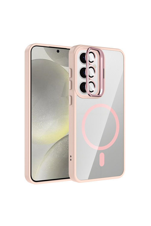 Galaxy S24 Fe Kılıf Standlı Ve Kamera Lens Hediyeli M-Safe Şarj Özellikli Klfs Etro Kapak - Pembe