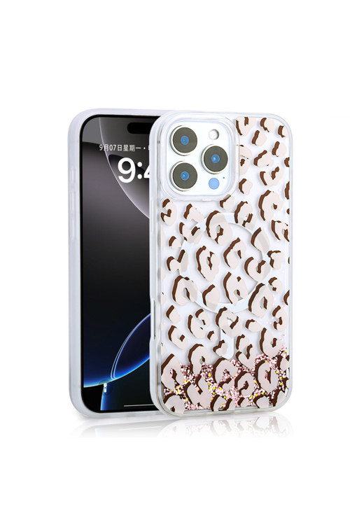 İphone 16 Pro Max Kılıf Sıvılı Simli Baskılı Şeffaf Arka Yüzey Klfs Mossa Silikon Kapak - Pembe