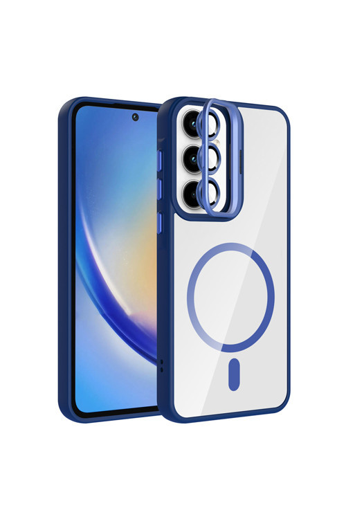 Galaxy A55 Kılıf Standlı Ve Kamera Lens Hediyeli M-Safe Şarj Özellikli Klfs Etro Kapak - Lacivert