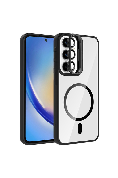 Galaxy A55 Kılıf Standlı Ve Kamera Lens Hediyeli M-Safe Şarj Özellikli Klfs Etro Kapak - Siyah