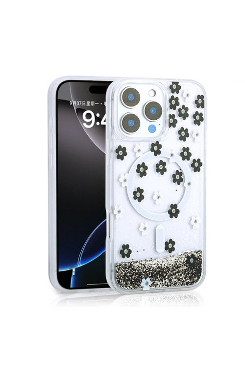 İphone 16 Pro Max Kılıf Sıvılı Simli Baskılı Şeffaf Arka Yüzey Klfs Mossa Silikon Kapak - Siyah