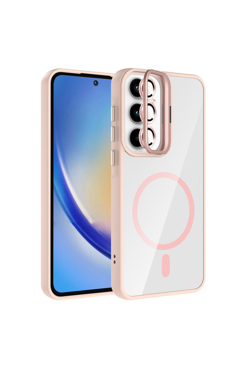 Galaxy A55 Kılıf Standlı Ve Kamera Lens Hediyeli M-Safe Şarj Özellikli Klfs Etro Kapak - Pembe