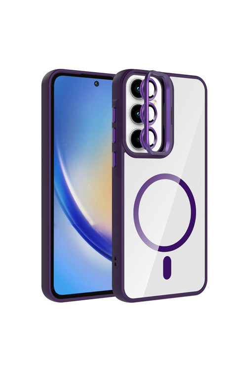 Galaxy A55 Kılıf Standlı Ve Kamera Lens Hediyeli M-Safe Şarj Özellikli Klfs Etro Kapak - Derin Mor