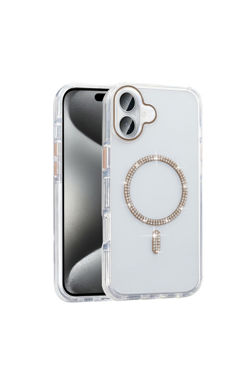 İphone 16 Kılıf Taşlı Tasarım M-Safe Şarj Özellikli Zore Koment Silikon Kapak - Gold