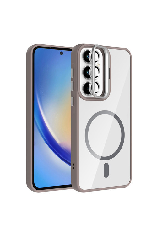 Galaxy A55 Kılıf Standlı Ve Kamera Lens Hediyeli M-Safe Şarj Özellikli Klfs Etro Kapak - Gri