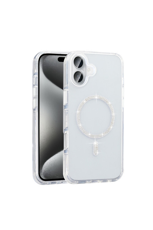İphone 16 Kılıf Taşlı Tasarım M-Safe Şarj Özellikli Zore Koment Silikon Kapak - Gümüş