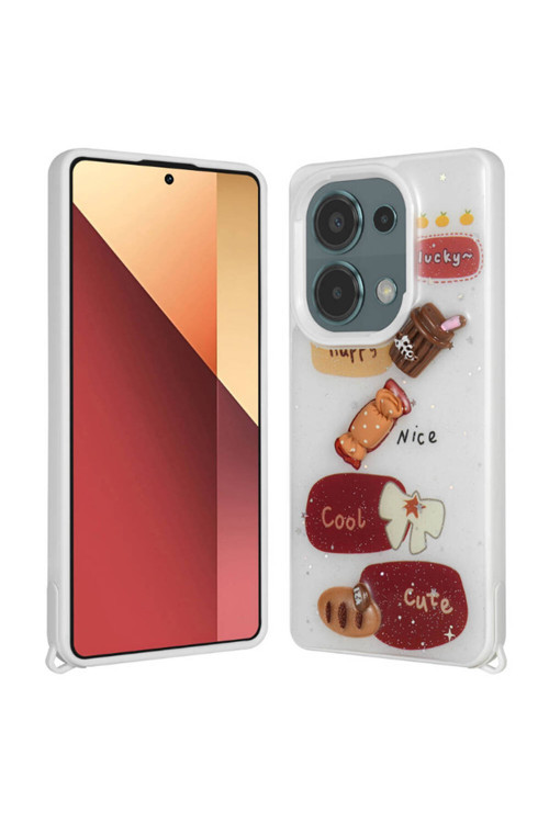 Redmi Note 13 Pro 4G Kılıf Parlayan Simli Kabartma Figürlü Klfs Cevze Kapak - Beyaz
