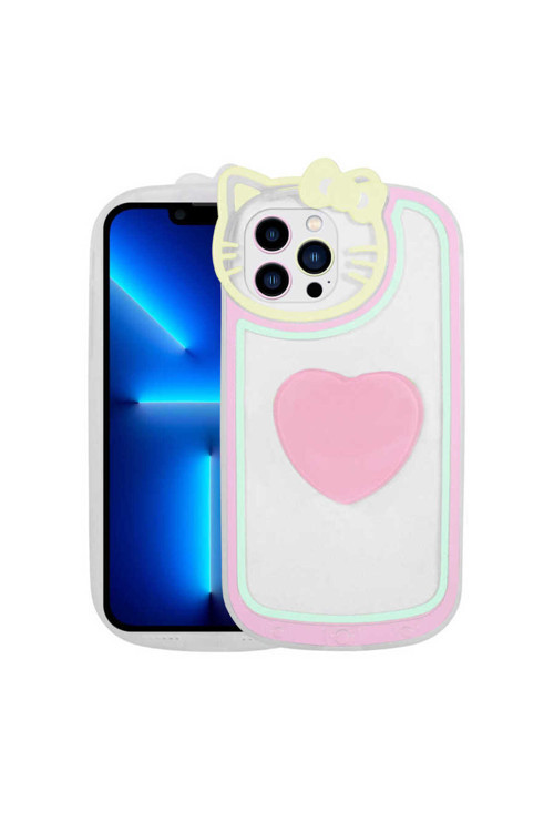 İphone 12 Pro Uyumlu Kedi Figürlü Transparan Pop Soketli Klfs Ritmik Kılıf-Pembe