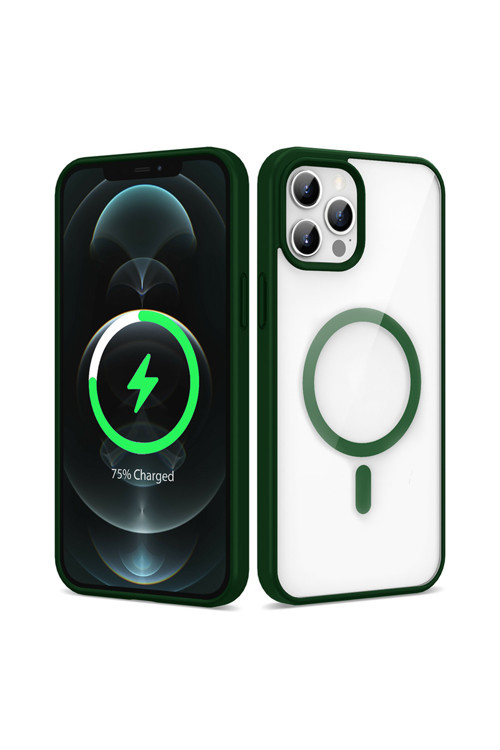 İphone 12 Pro Max Kılıf Magsafe Wireless Şarj Özellikli Silikon Klfs Ege Kapak - Koyu Yeşil