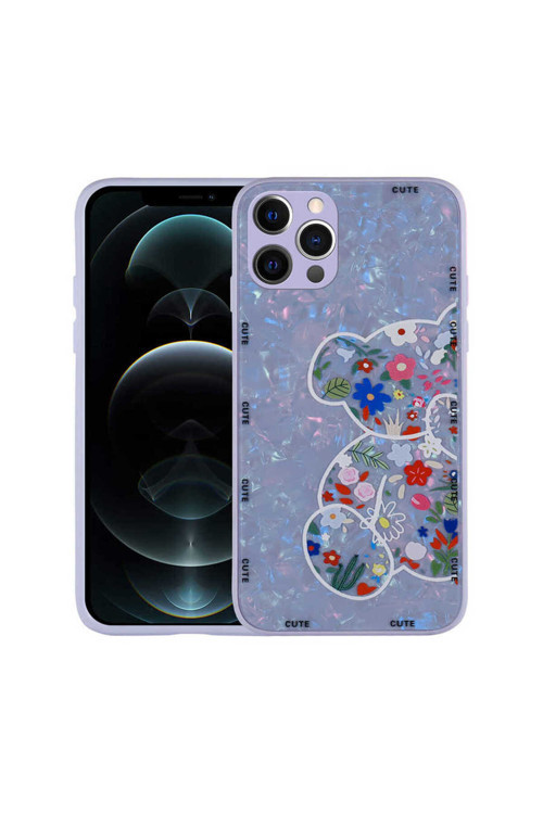 İphone 12 Pro Max Uyumlu Desenli Sert Silikon Klfs Mumila Kılıf-Lilac Bear