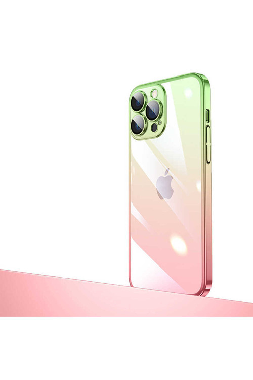 İphone 12 Pro Uyumlu Parlak Renk Geçişli Kamera Korumalı Klfs Senkron Kılıf-Pembe-Yeşil