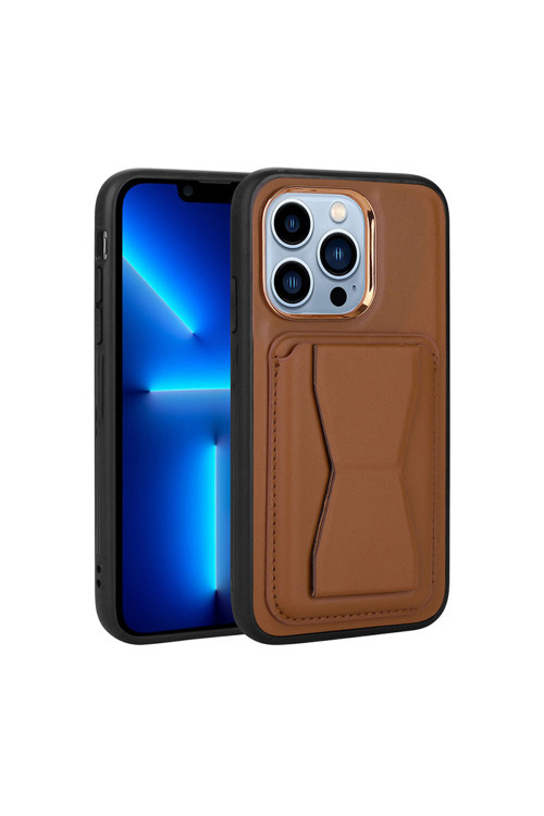 İphone 12 Pro Max Uyumlu Kartlıklı Standlı Pu Deri Klfs Memo Kılıf-Kahverengi