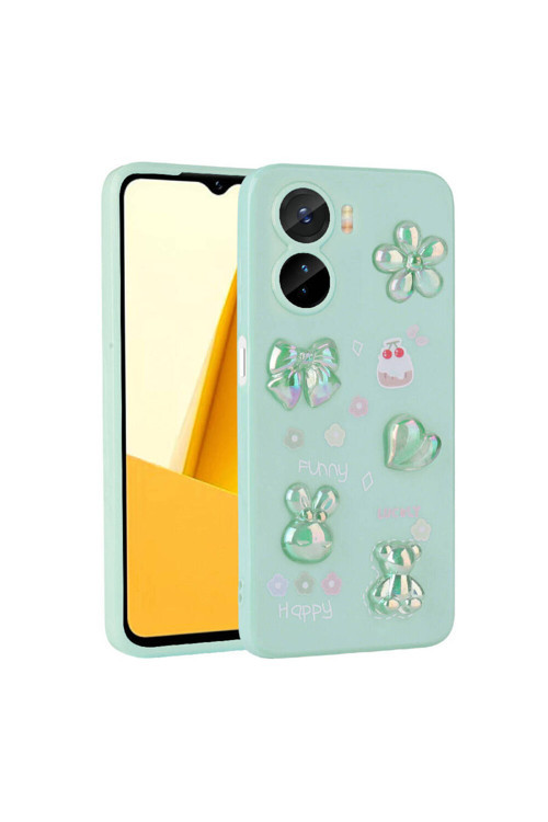 Vivo Y16 Kılıf Kabartma Figürlü Parlak Klfs Toys Silikon Kapak - Açık Yeşil