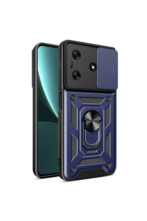 Tecno Spark 10C Kılıf Magnetik Standlı Kamera Korumalı Klfs Sürgülü Vega Kapak - Mavi
