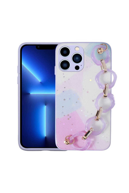İphone 13 Pro Max Uyumlu Simli Desenli El Askılı Tutacaklı Klfs Elsa Silikon Kılıf-Lila