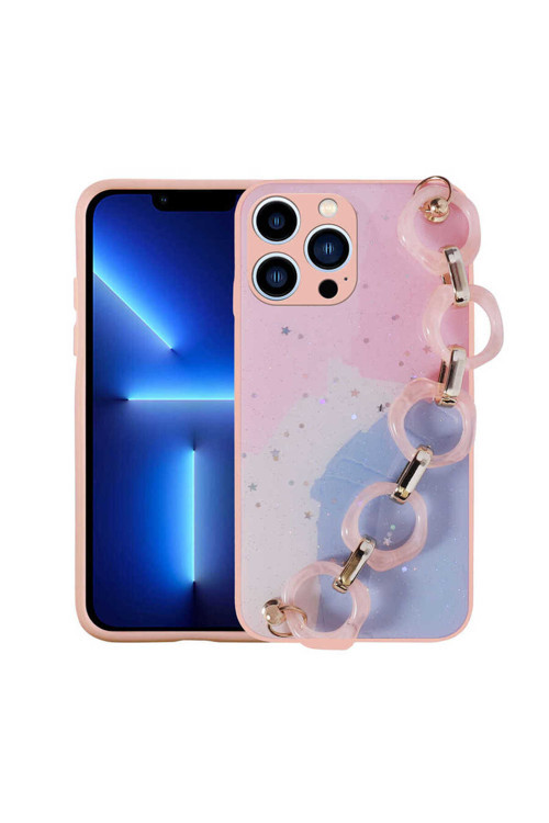 İphone 13 Pro Max Uyumlu Simli Desenli El Askılı Tutacaklı Klfs Elsa Silikon Kılıf-Pembe