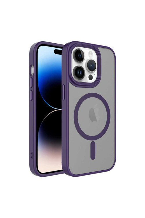 İphone 13 Pro Uyumlu Mat Arka Yüzey Wireless Şarj Özellikli Klfs Flet Magsafe Kılıf-Derin Mor