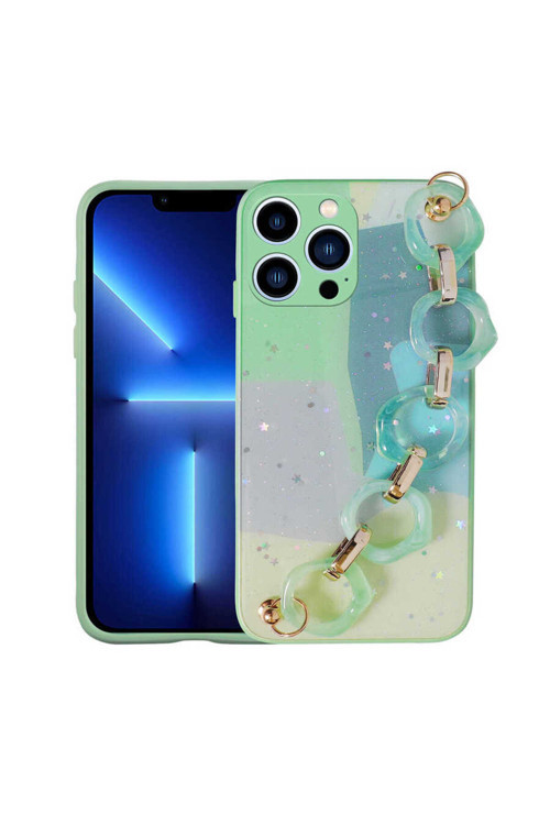 İphone 13 Pro Max Uyumlu Simli Desenli El Askılı Tutacaklı Klfs Elsa Silikon Kılıf-Yeşil