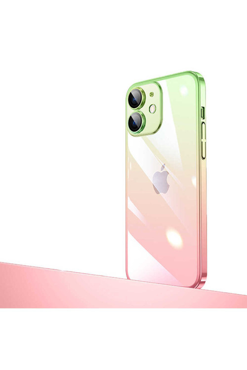 İphone 12 Uyumlu Parlak Renk Geçişli Kamera Korumalı Klfs Senkron Kılıf-Pembe-Yeşil